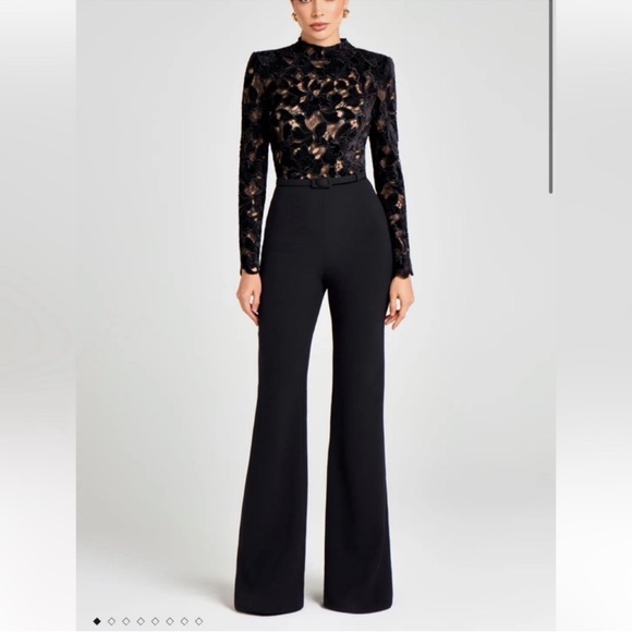 NADINE MERABI Pants - ✨NWT✨Nadine Merabi Eleanor Wide Leg Jumpsuit Black Velvet Long Sleeve Size 12